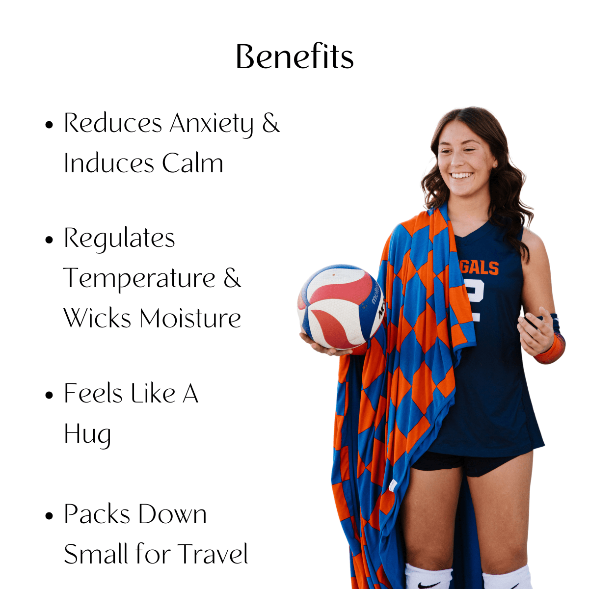 Volleyball player wrapped in a gameday blanket with the benefits of Pipermoon adult swaddle blankets.
