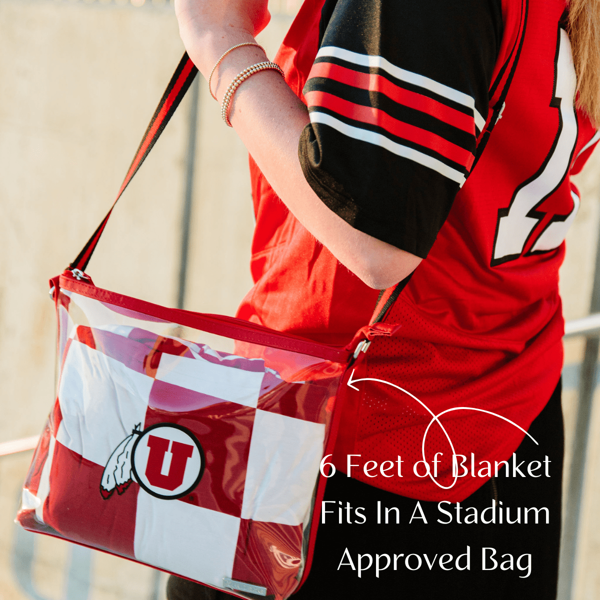 Our adult size blankets are 6 feet tall, but fold down small enough to easily fit in a stadium approved bag.