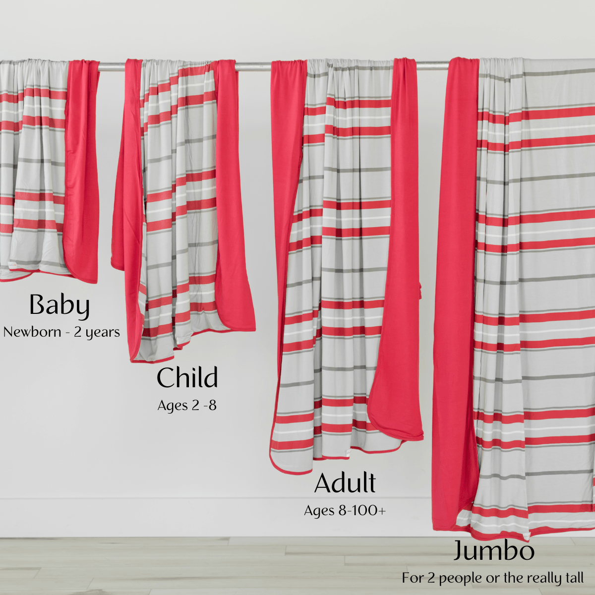Sizing from Baby to Jumbo, from 3.5 feet to 8 feel tall. There's a perfect size for everyone in the family.