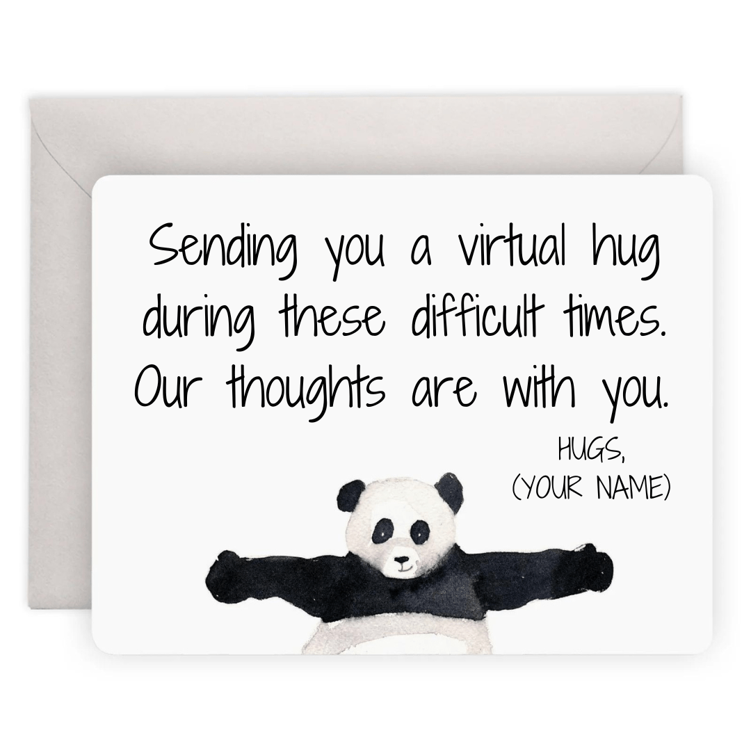 Add a handwritten note to a panda giving hugs card (illustrated by E. Frances).