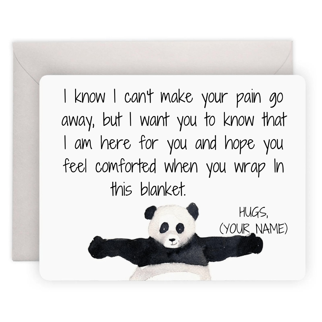 Express comfort with this handwritten card of a picture of a panda giving a hug.