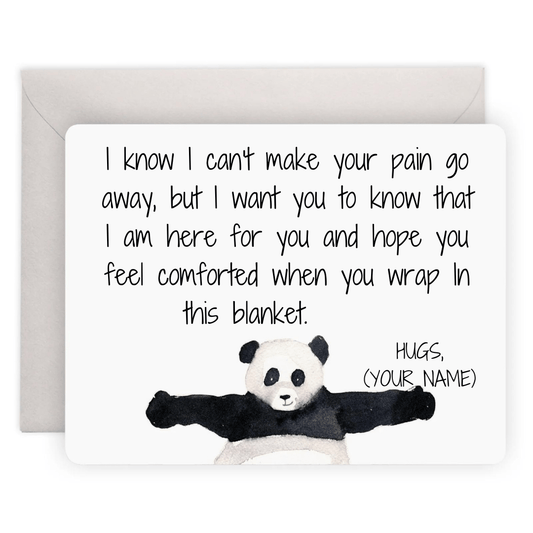Express comfort with this handwritten card of a picture of a panda giving a hug.