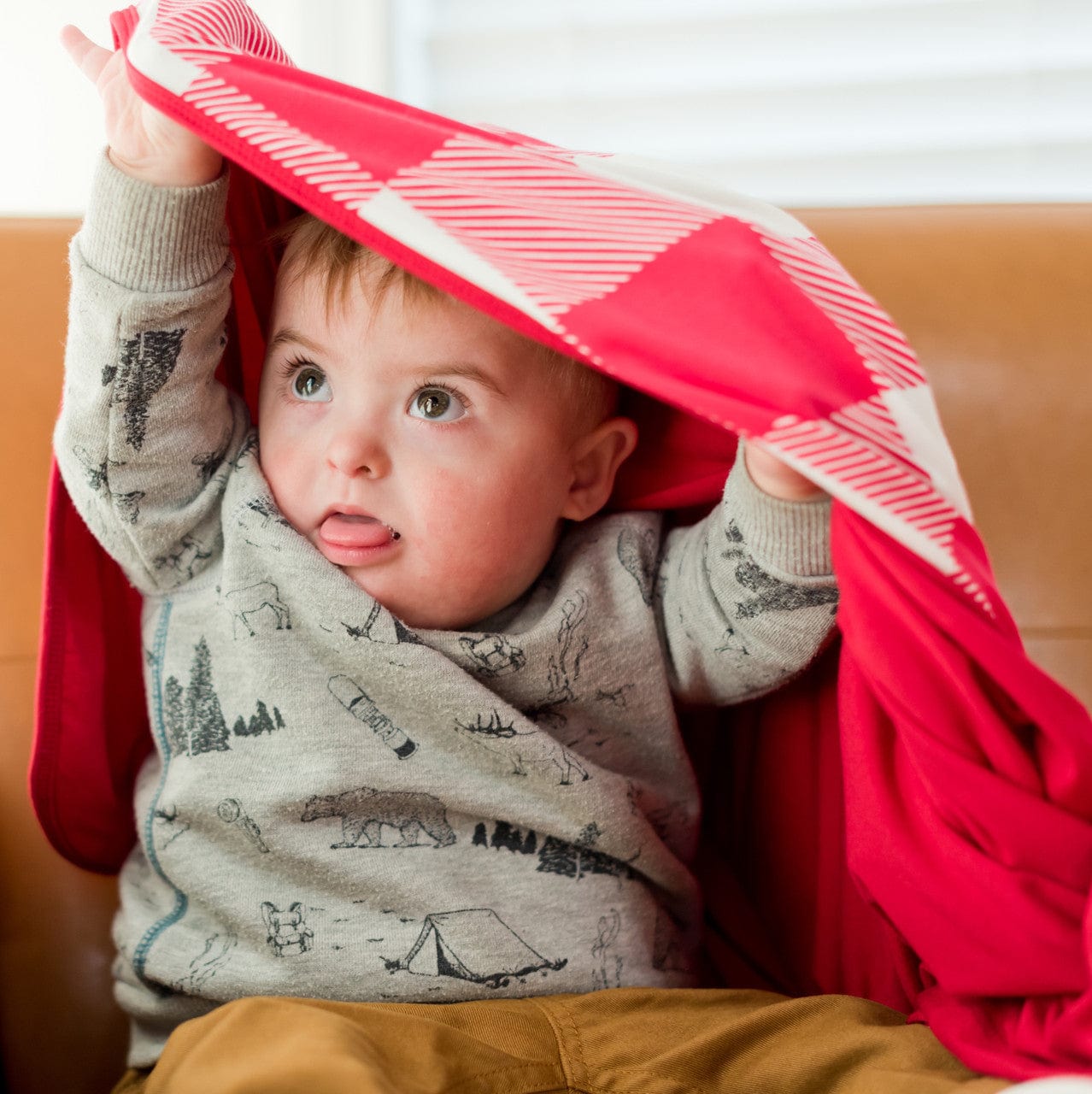 Family blanket buffalo check red packable for travel and airplane rides.