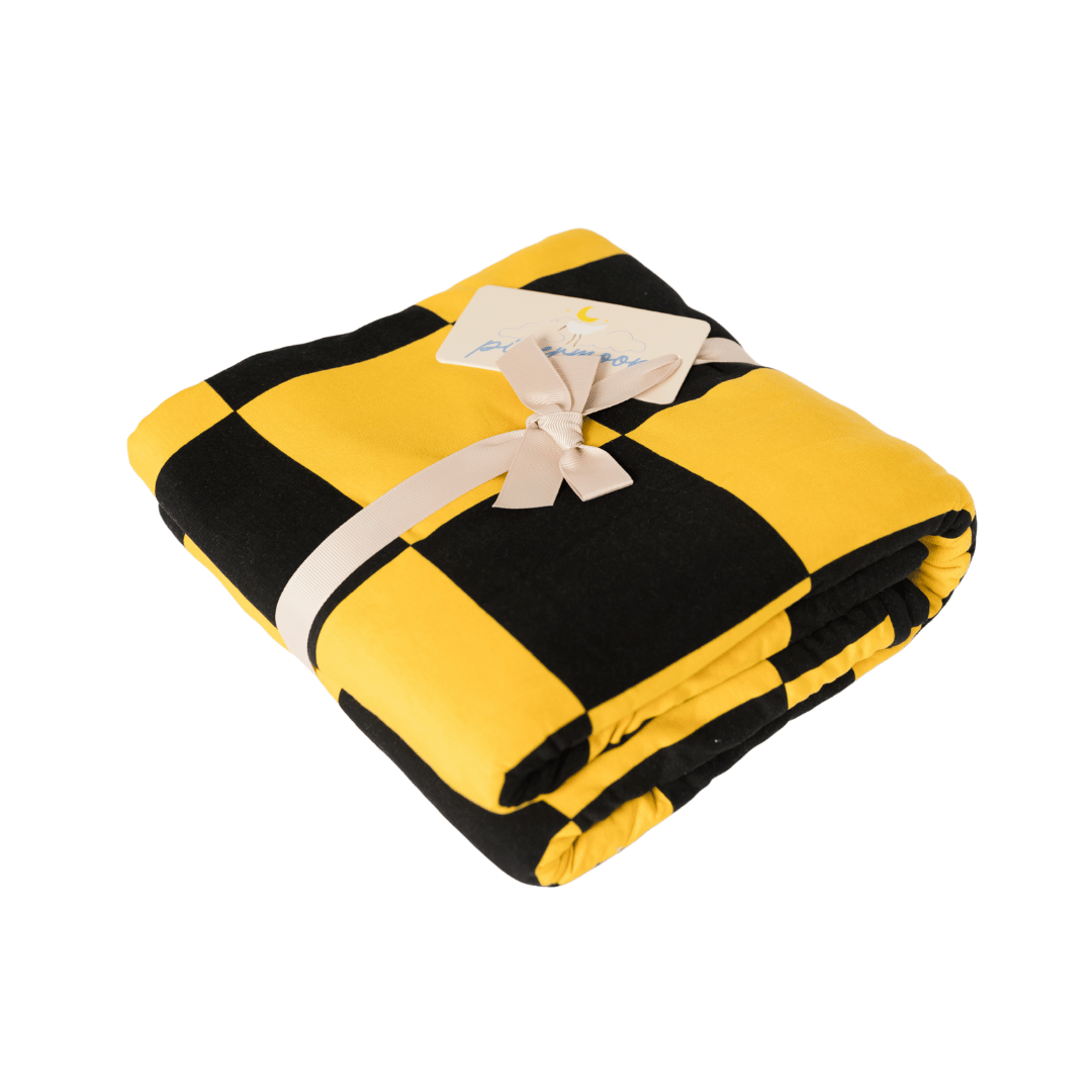 Large blanket for adults in a black and yellow checked print for your favorite gameday activities.