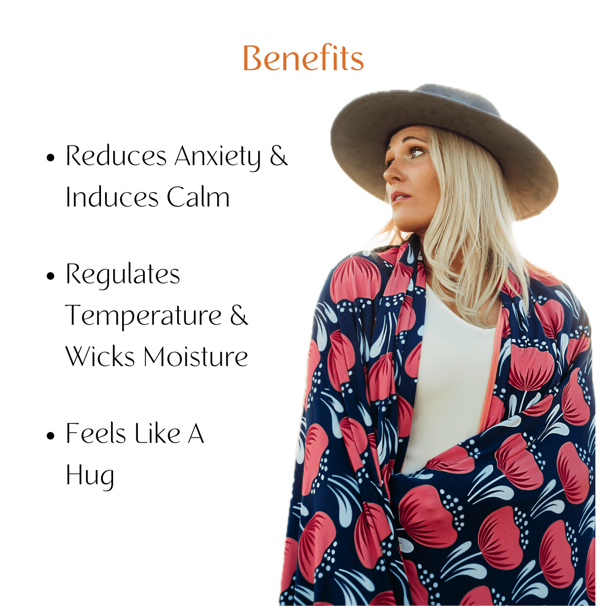 Calm inducing and anxiety reducing are the main benefits of our adult swaddle (or hug) blankets. 