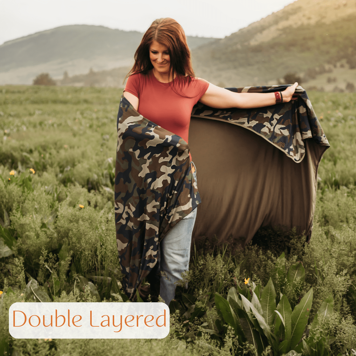 Double layered camo hug blanket for extra coziness.