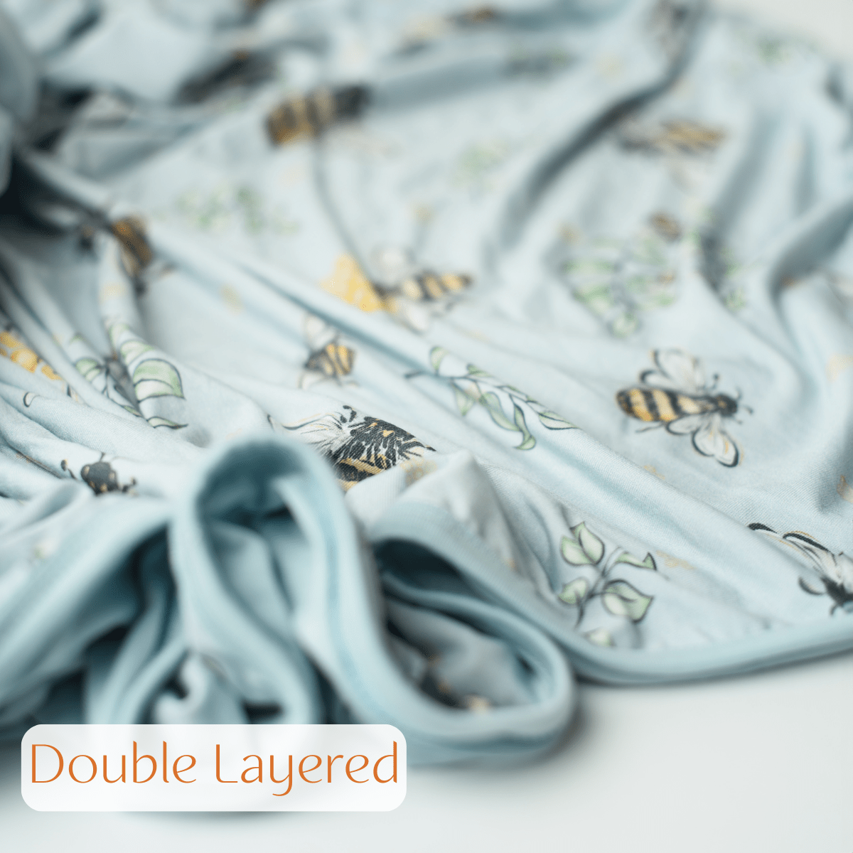 Double layered bee print blanket in serene blue and yellow backing. 