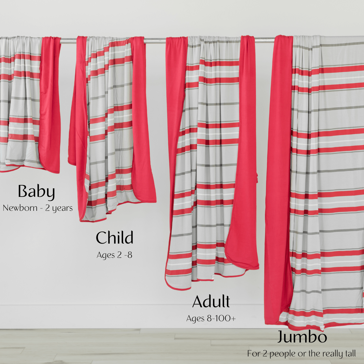 All the sizes of our hug blankets from baby to jumbo. 