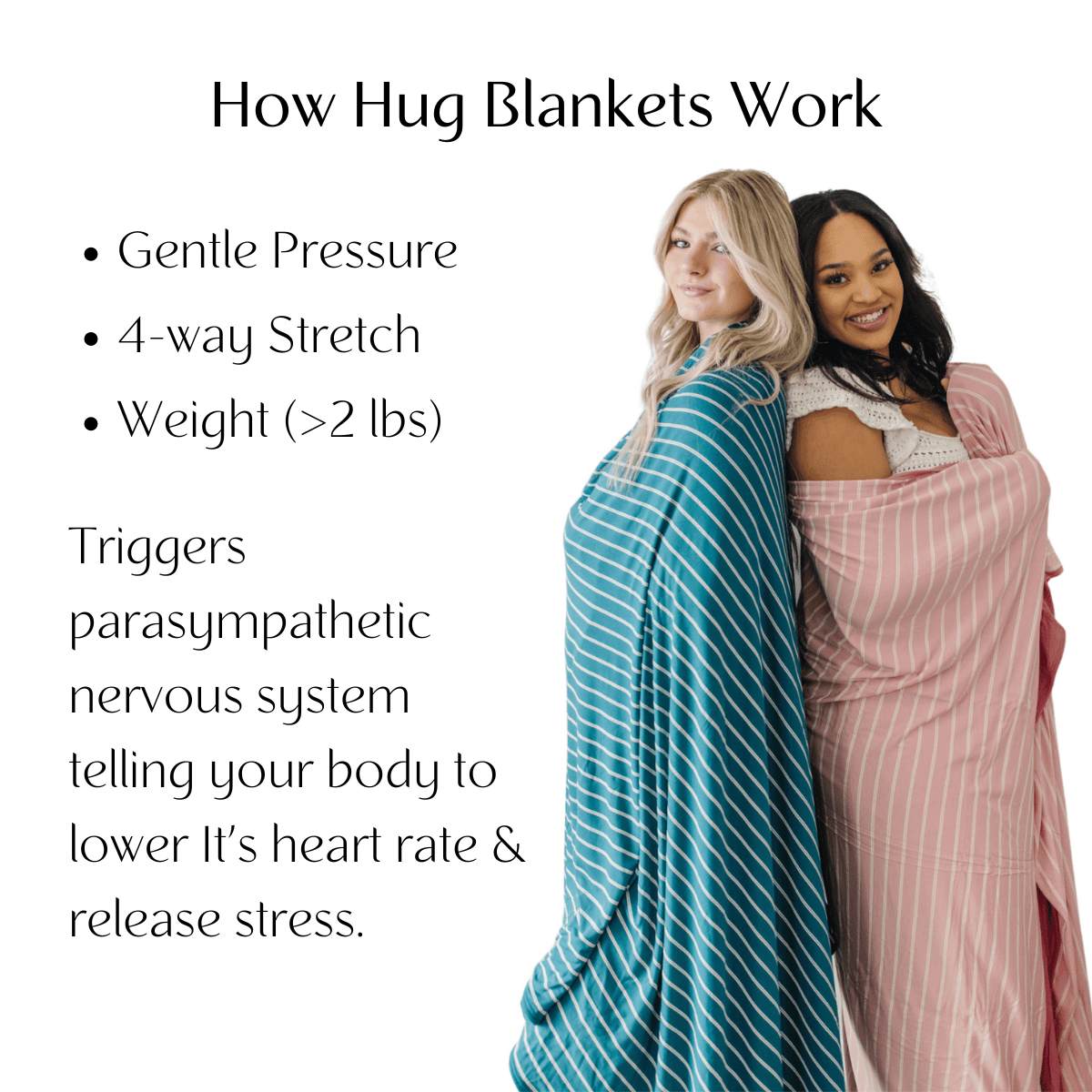 Hug blankets work like gentle pressure therapy.  The stretch and weight of the blankets wrapped around your body trigger your parasympathetic nervous system telling your body to lower it's heart rate and reduce stress.  