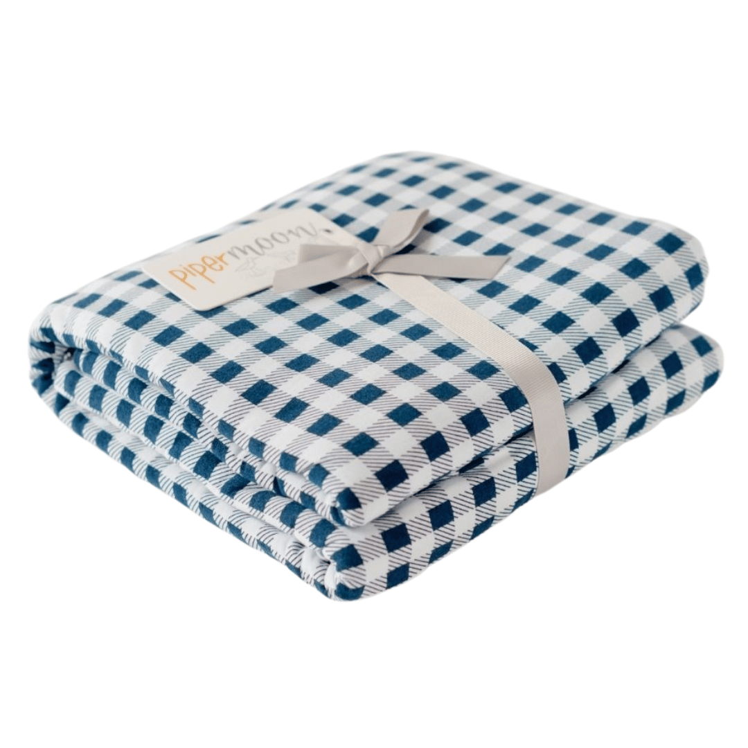 Calm cozy aesthetic bedroom blanket blue and white gingham style throw.