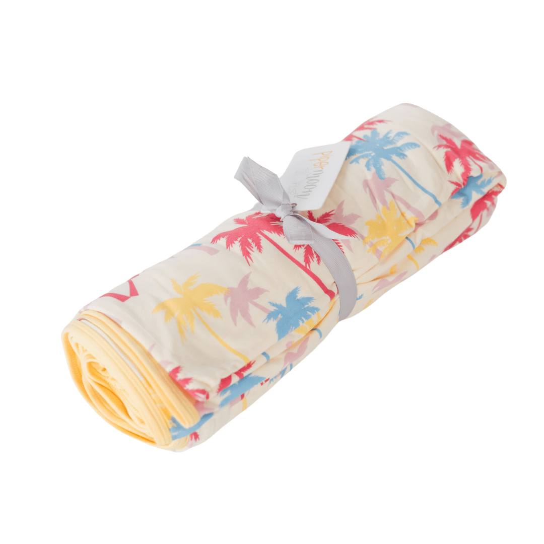 Yellow beach blanket colorful palm trees, cozy throw, sand resistant material, picnic blanket.