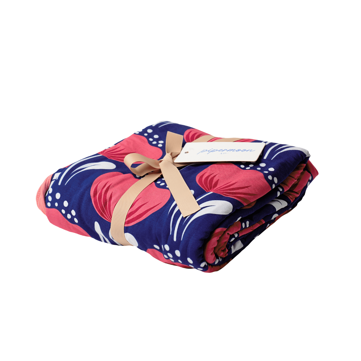 Vibrant Scandi style poppy adult swaddle blanket with pops of coral red on a deep blue background. 