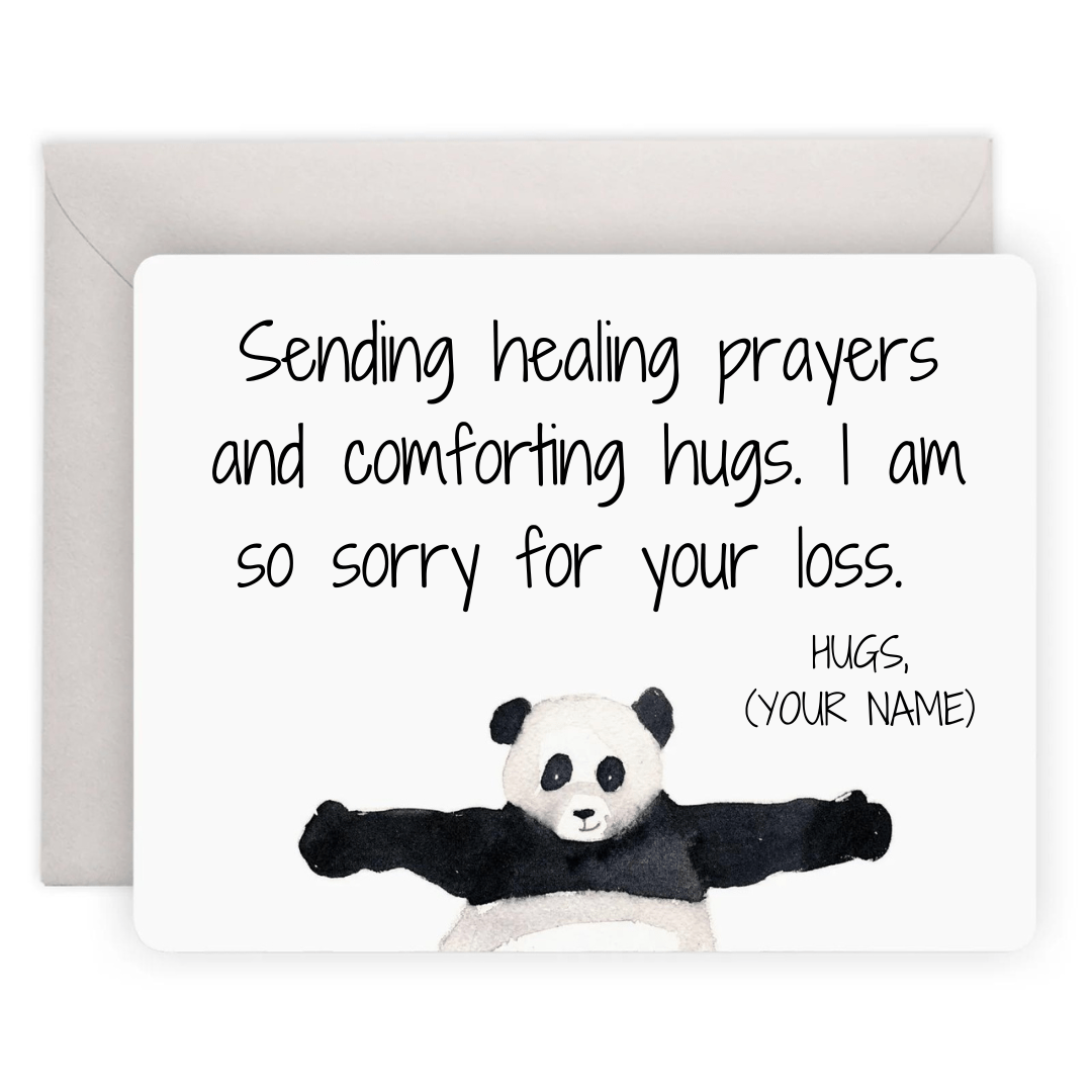 Handwritten card with a panda bear giving a hug. 