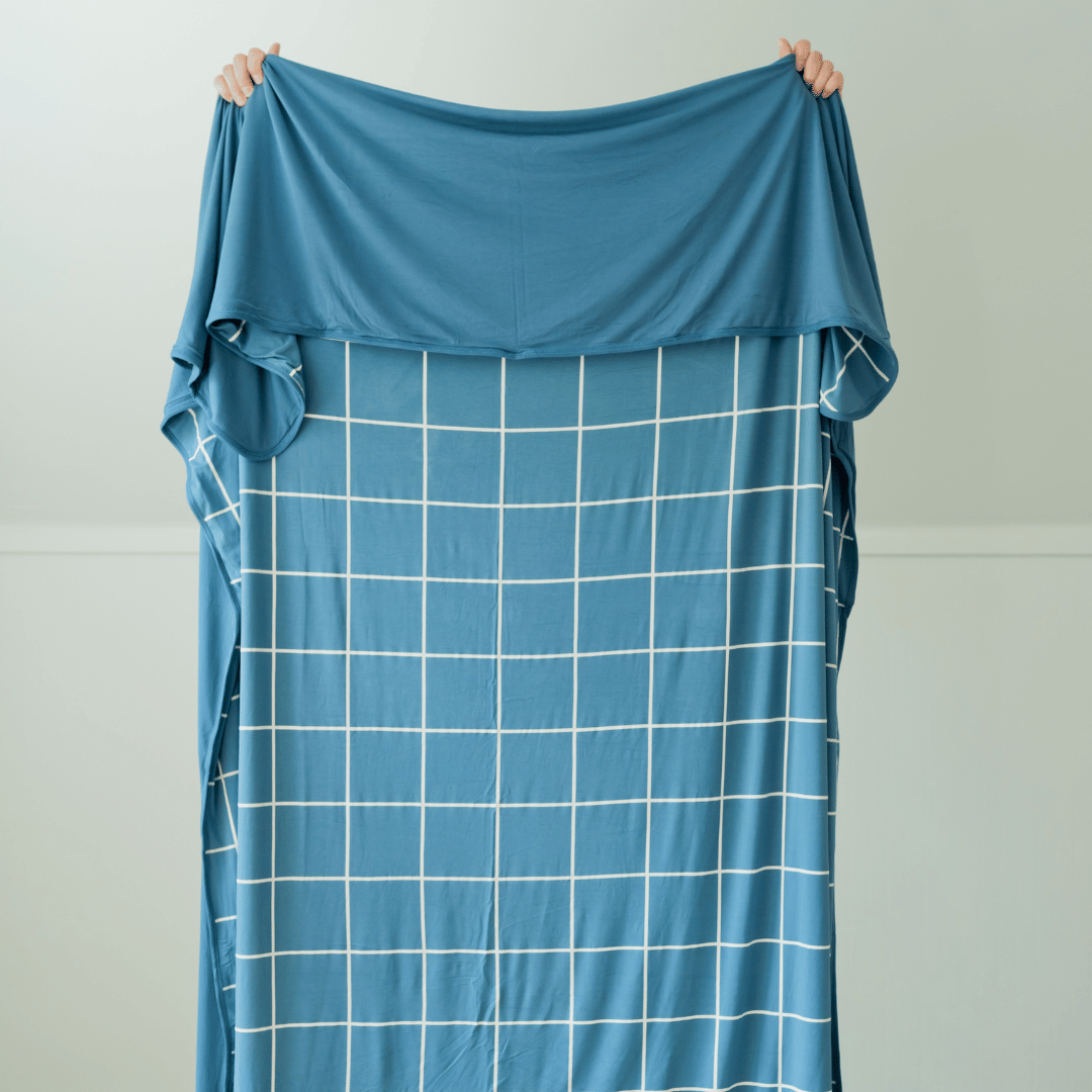 Blue windowpane patterned hug blanket throw 