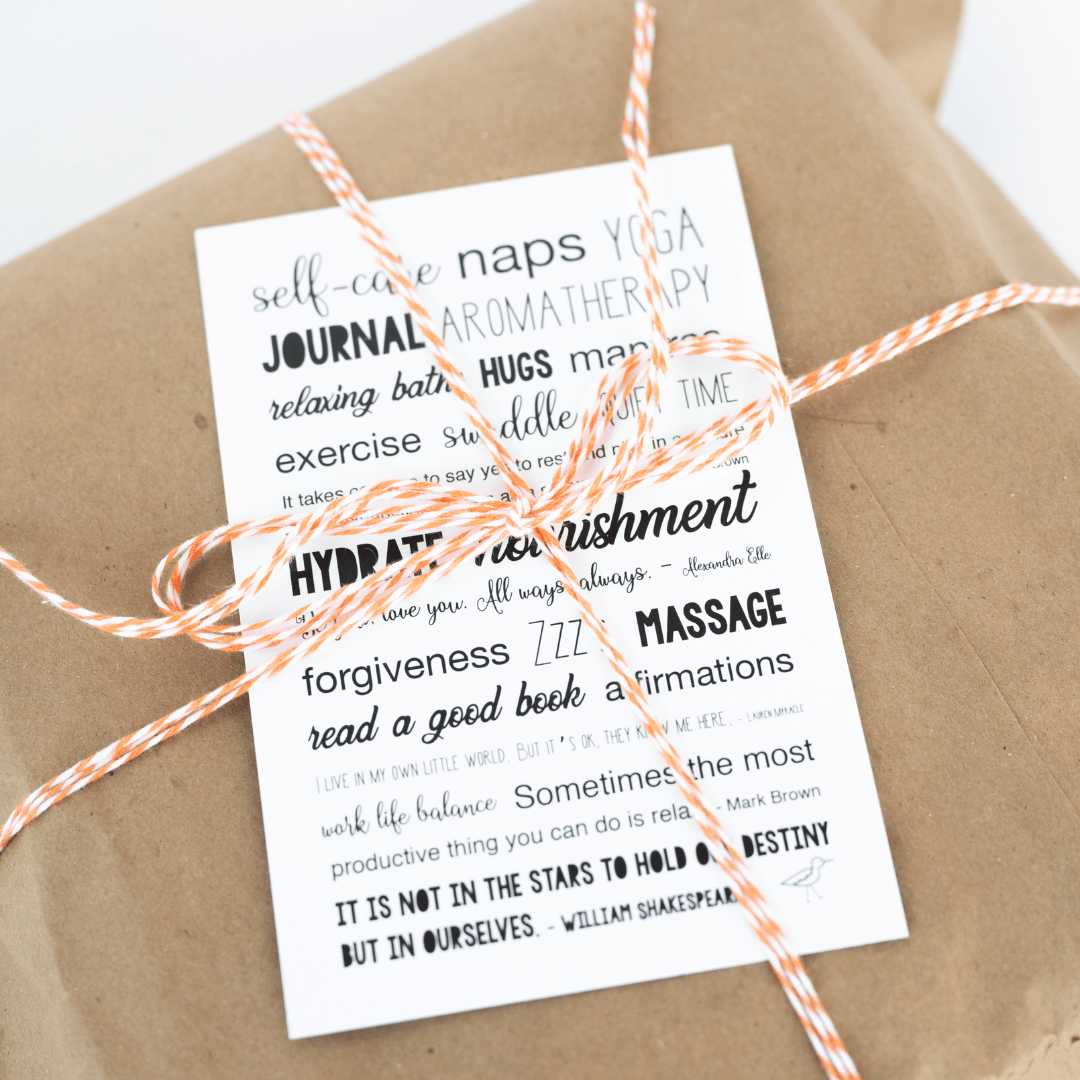 Kraft paper gift wrap, with baker's twine and a care card. 
