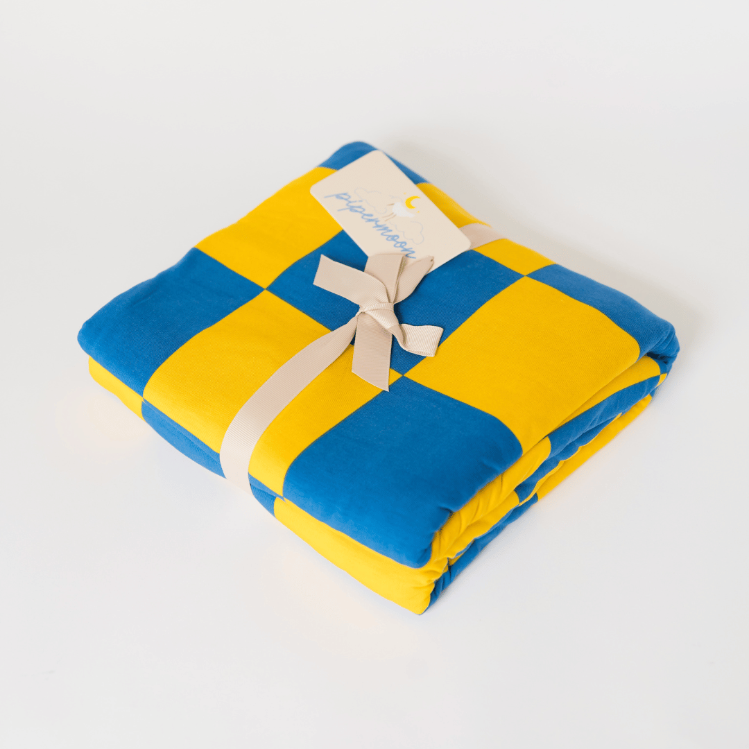 Luxury throw blue and yellow. Travel approved.