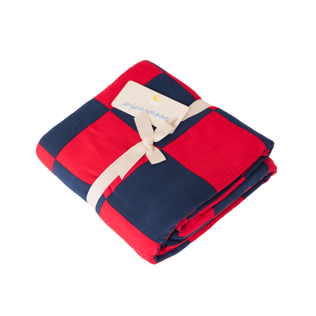 Red and Navy Checkered gameday blanket, bedroom throw, wearable blanket, cozy aesthetic.