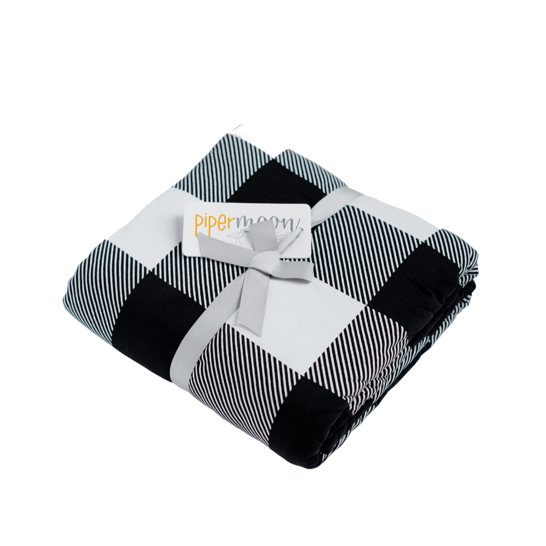 Black and white checkered blanket with black backing.