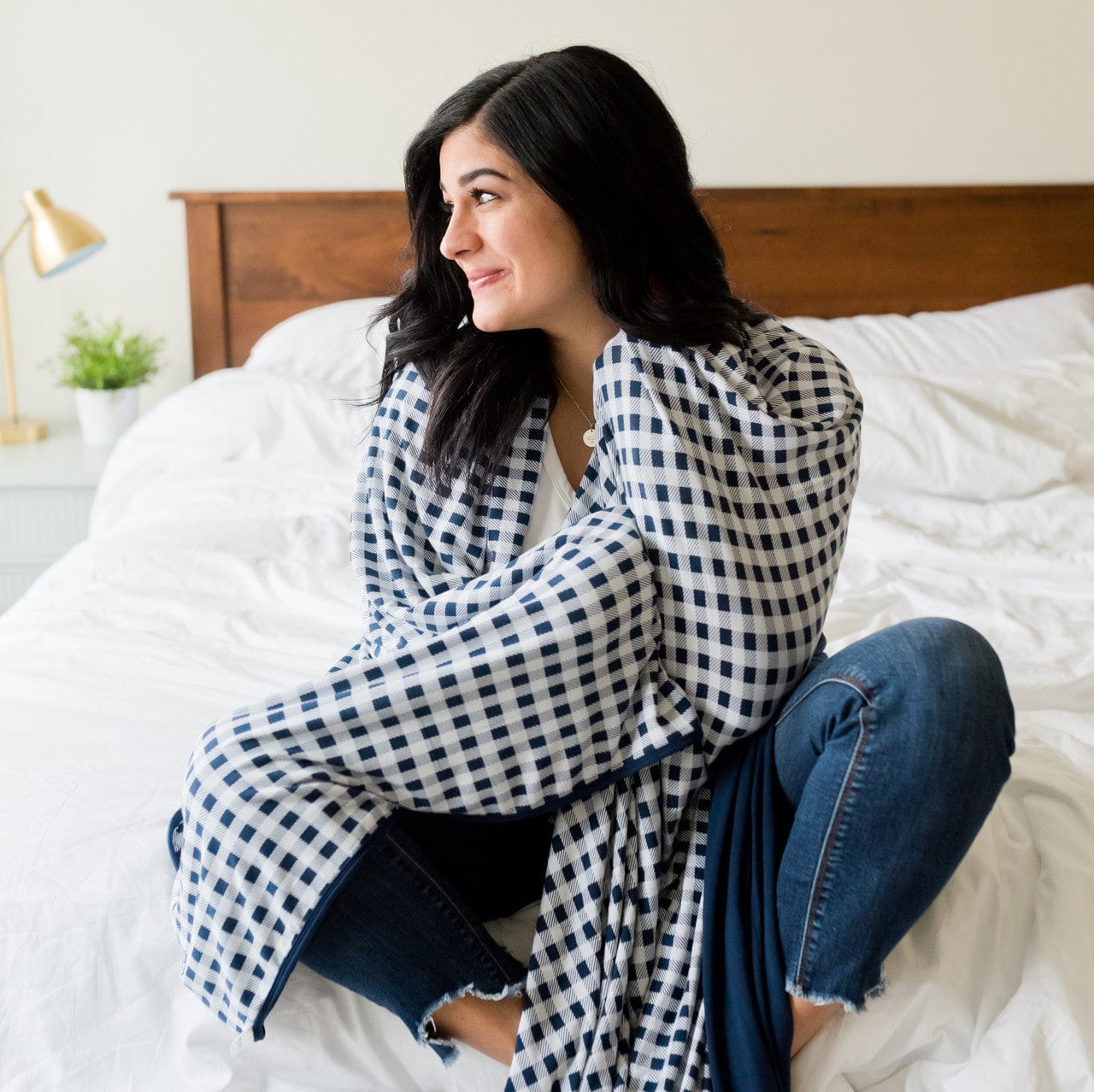 Best navy blue and white gingham checked throw blankets, reminiscent of Reese Witherspoon's style